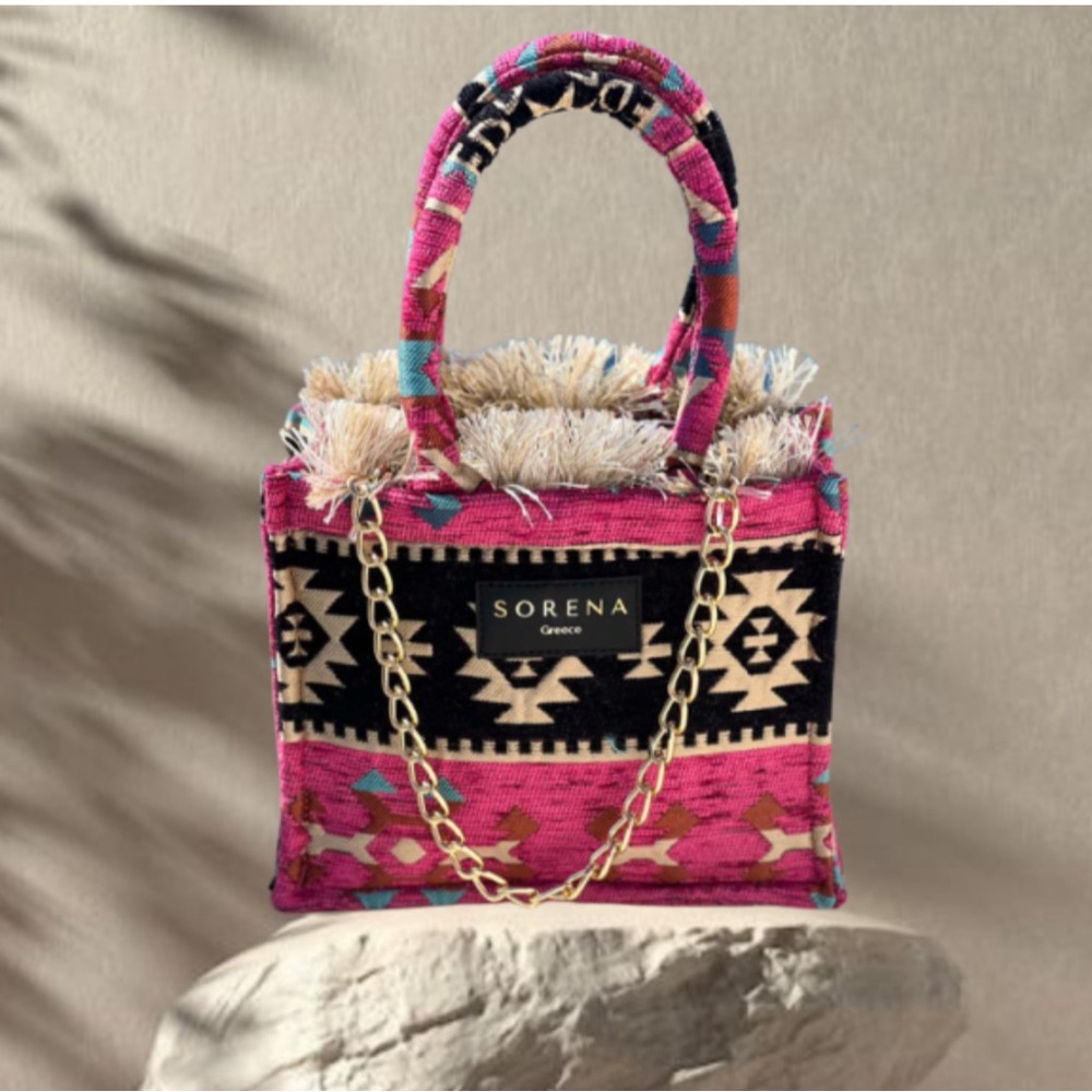 Sorena Knossos Mini Tote Bag Purse Pink Fringe Aztec